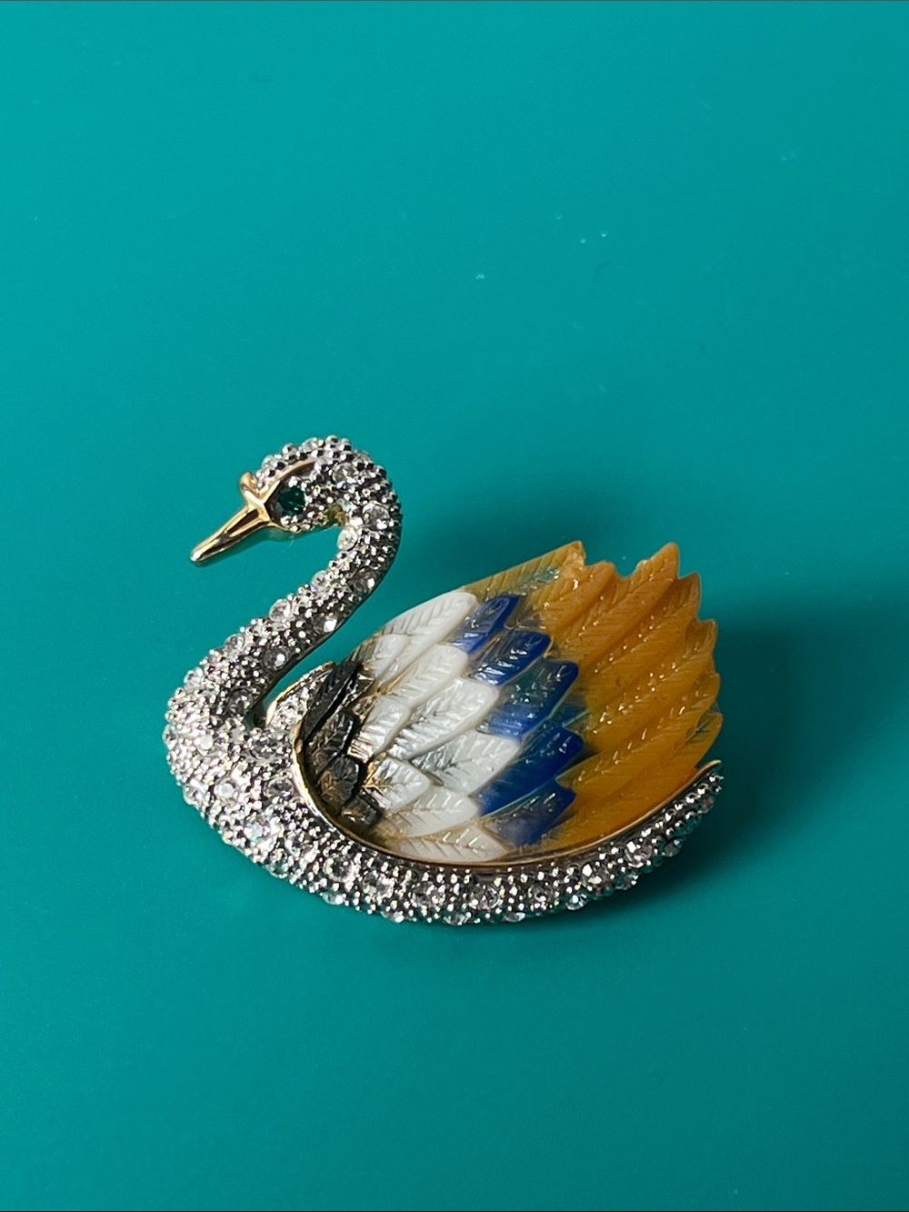 Vintage Pave Rhinestone Swan Brooch Enamel Wings - Gold/Blue/White